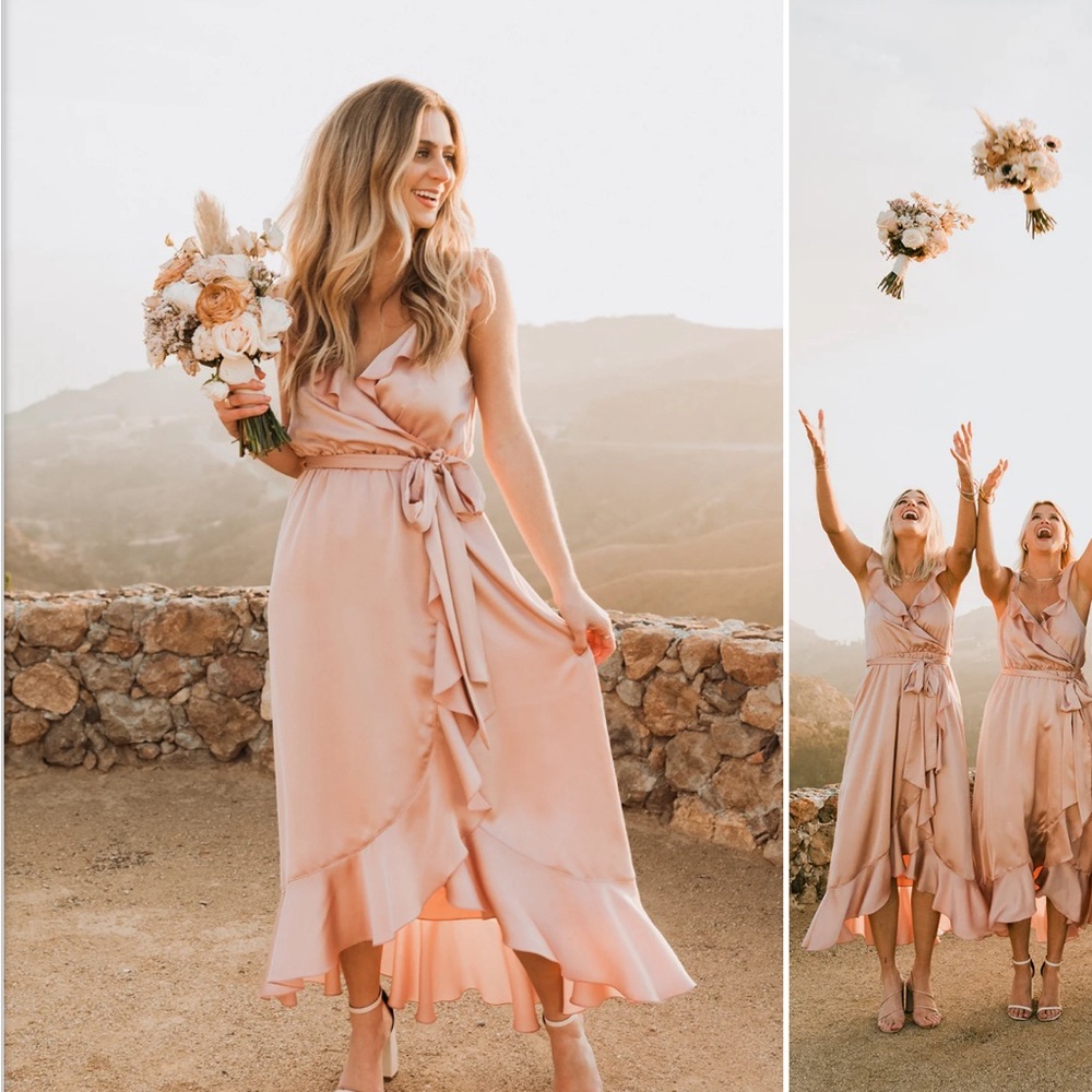 Show Me Your Mumu Samantha Ruffle Wrap Dress- Luxe Rose Gold Satin Dress ✨✨